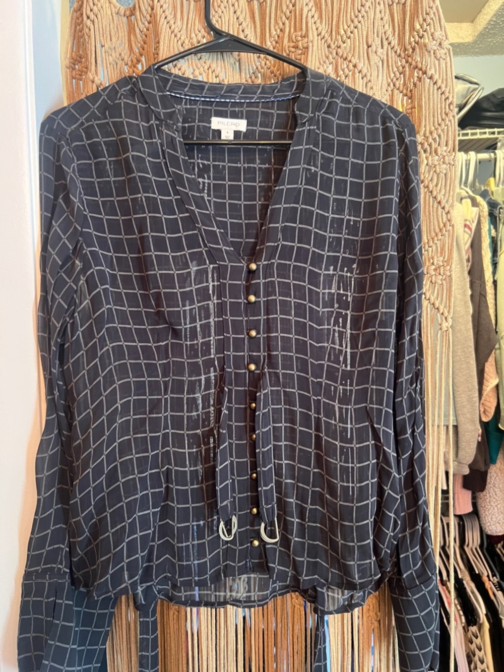 Pilcro Navy Blue Grid Button-Front Long Sleeve Blouse